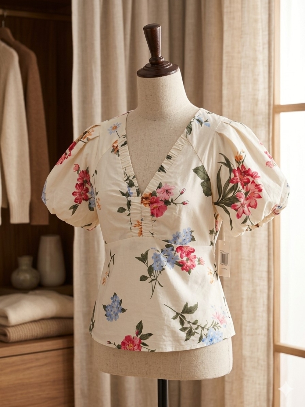 Ellen Tracy Cream Floral V-Neck Puff Sleeve Top